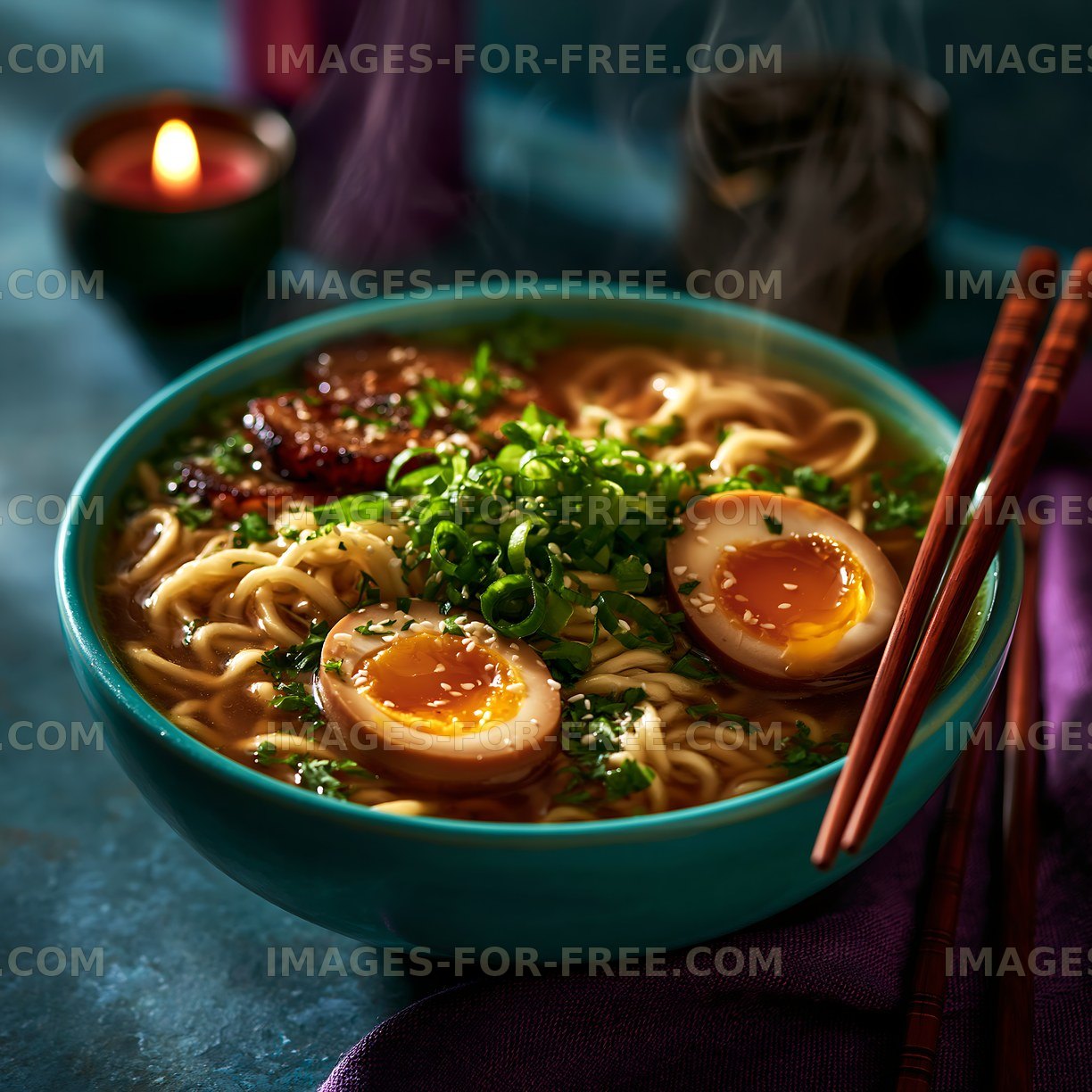 Noodle bowl with soft boiled eggs and herbs on a table
