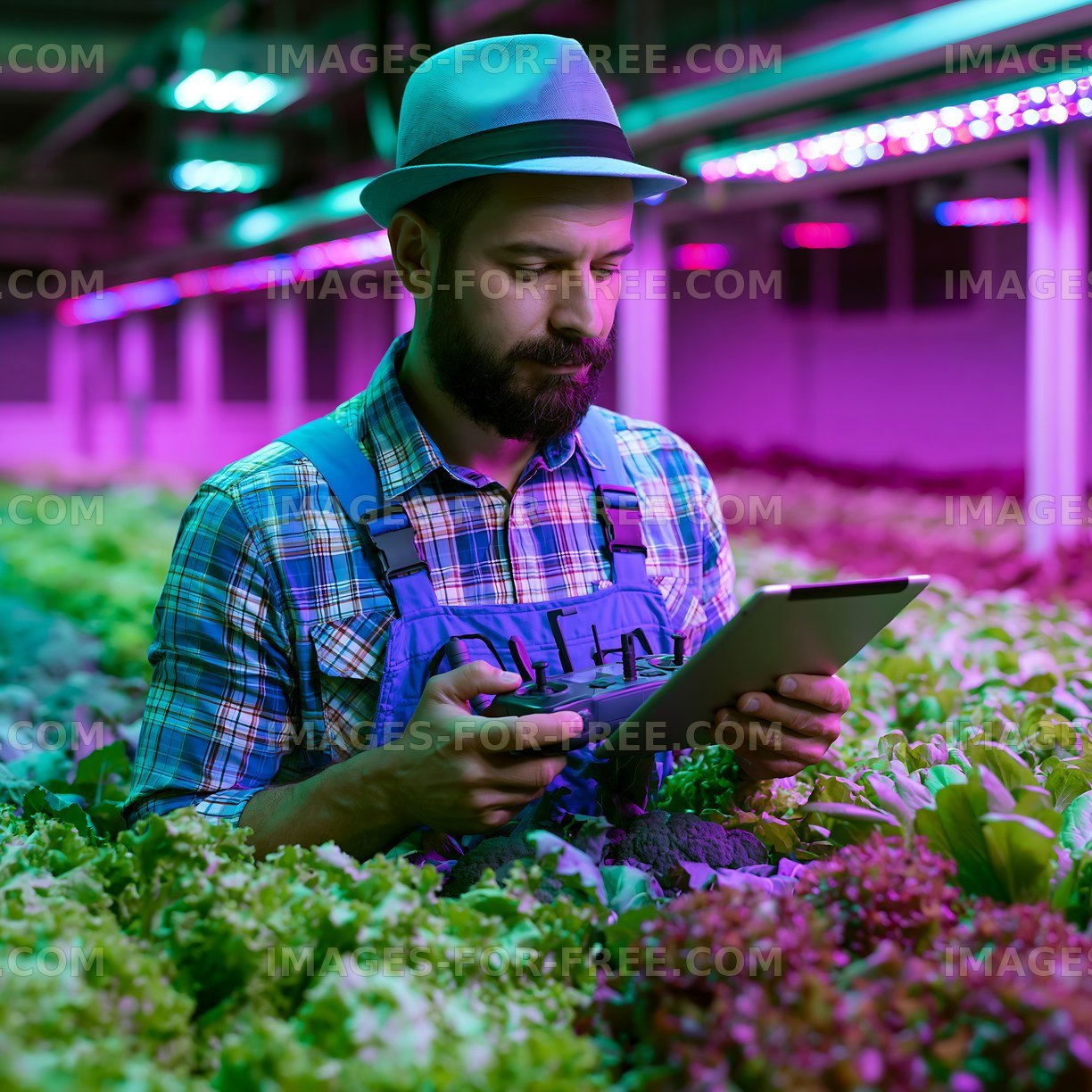 Man checking plants with a tablet in a green house