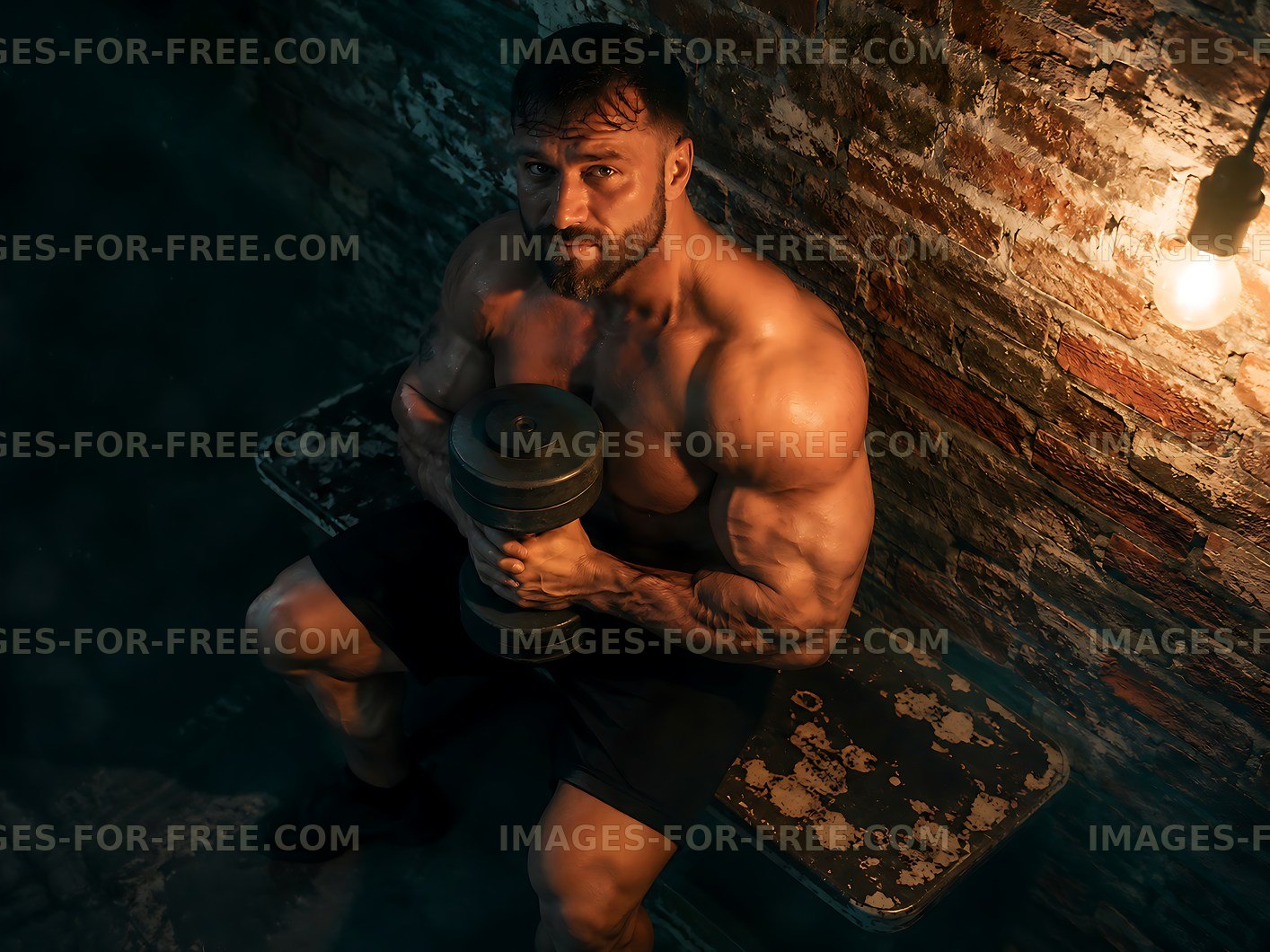 Bodybuilder resting with dumbbell in a workout space