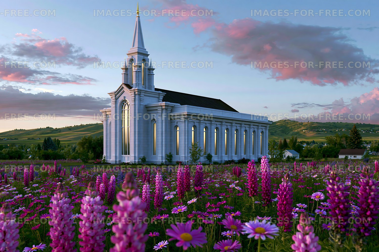 Church surrounded by colorful flowers in a field during sunset