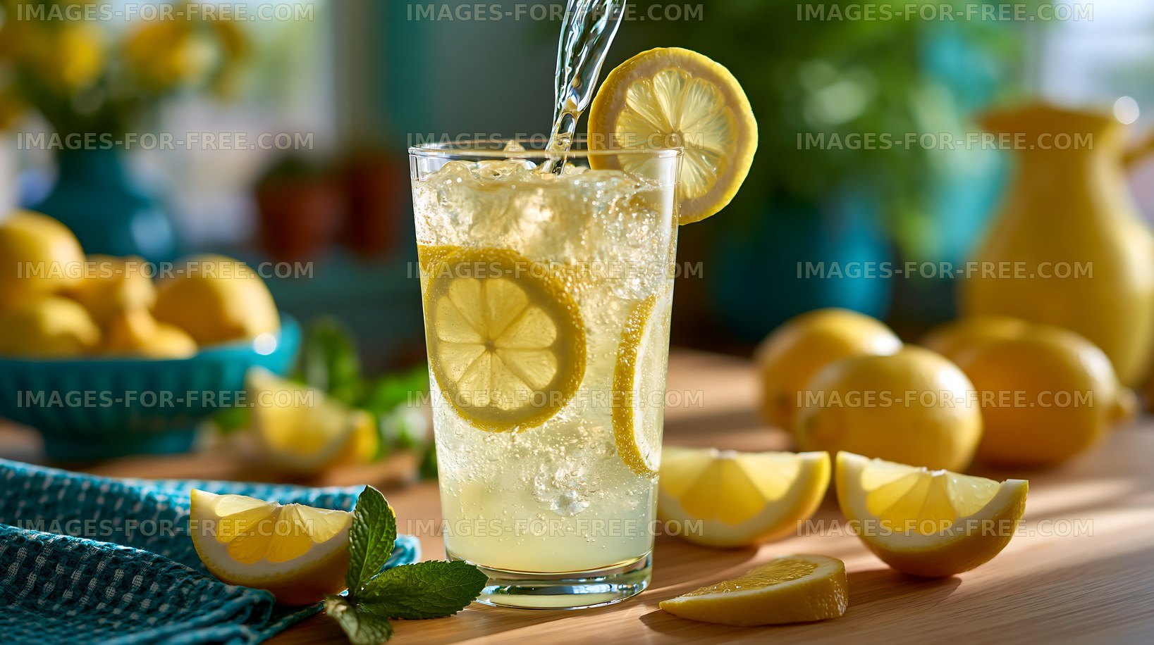 Fresh lemonade with sliced lemons and mint on a wooden table
