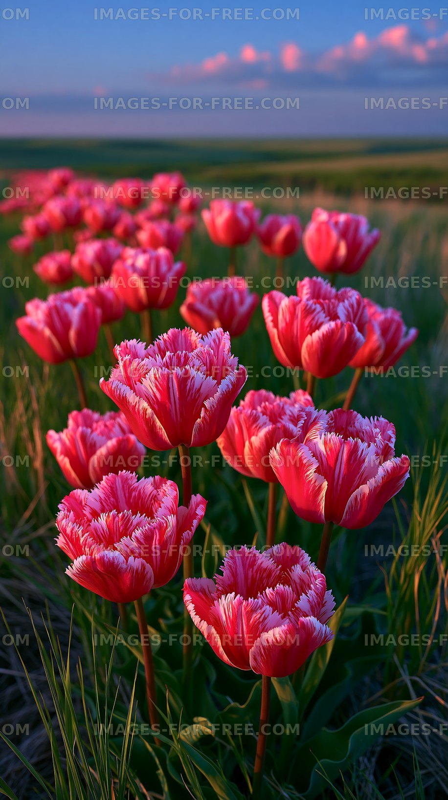 Colorful tulips bloom in a field at sunset