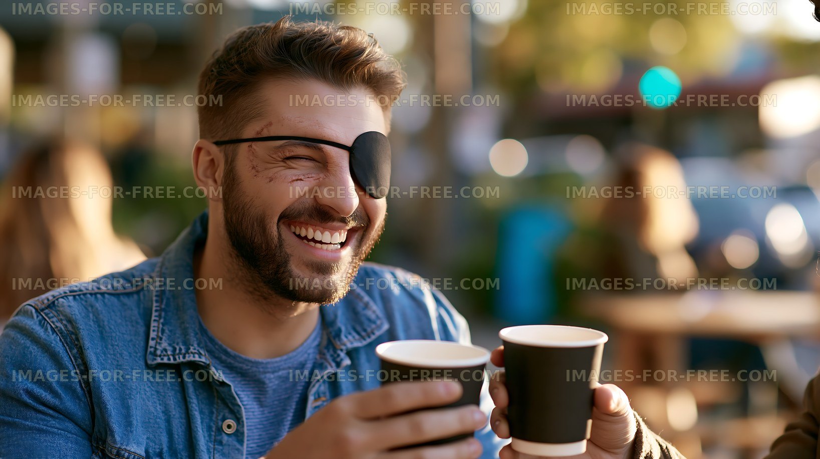 Man with eye patch enjoying coffee outdoors