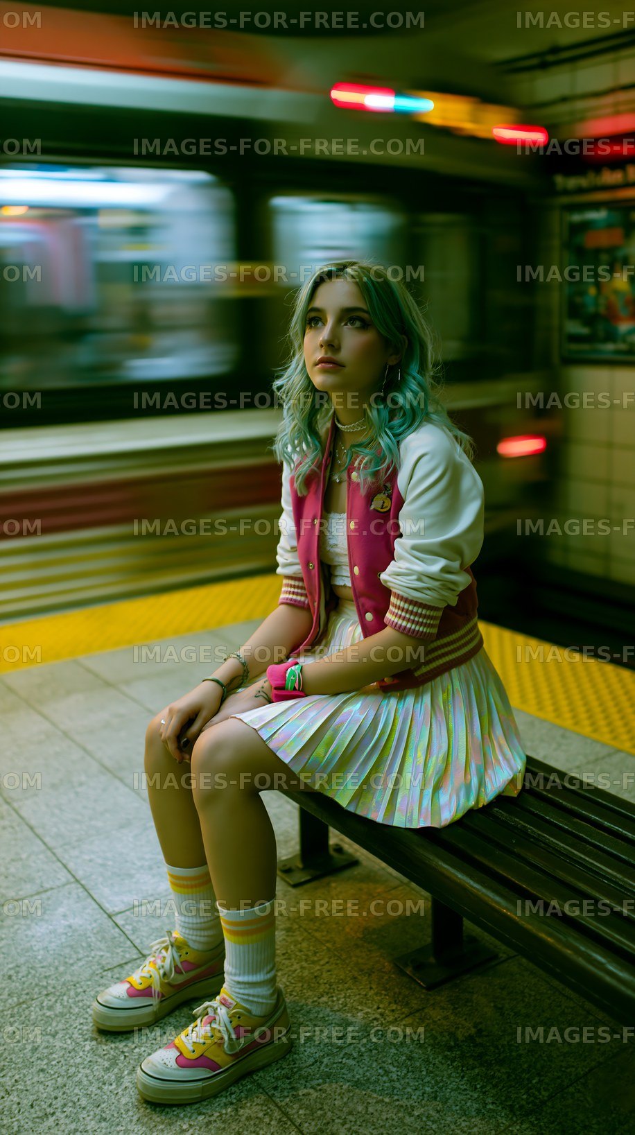 Young woman waiting at subway station with train in motion
