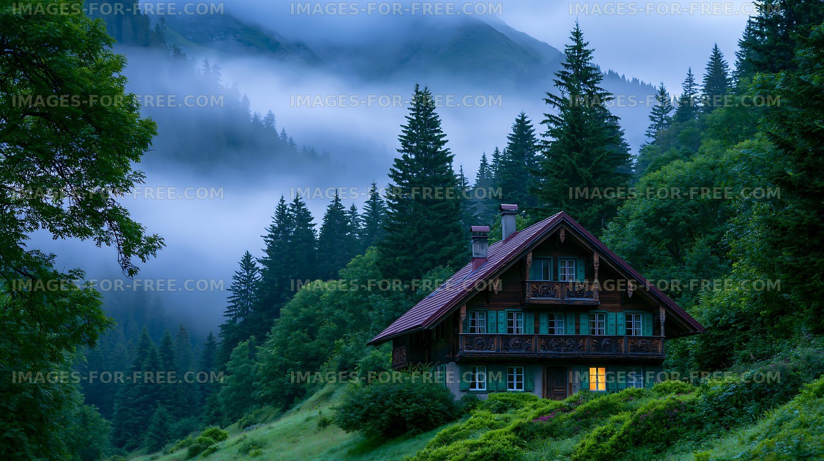 Scenic house in the forest during misty evening light