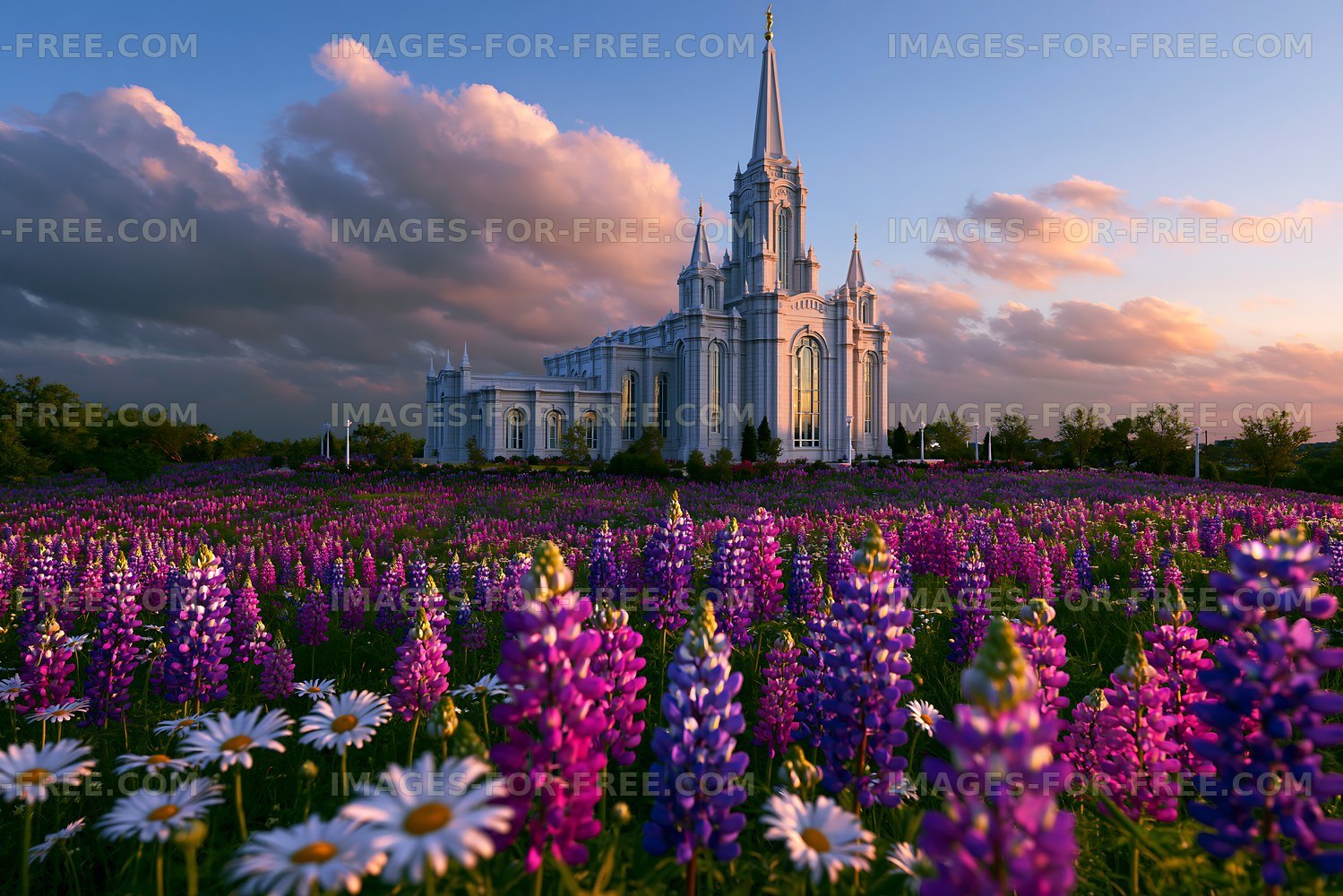 Flowers and church building during sunset with clouds in sky