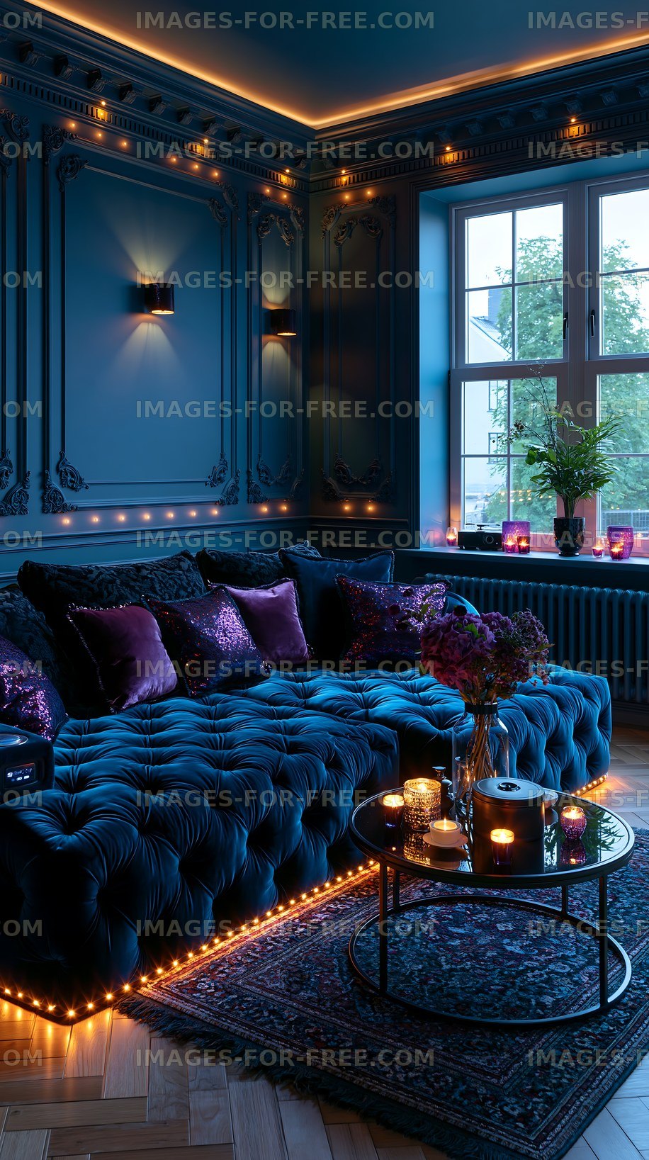 Cozy blue living room with decorative lights and plants