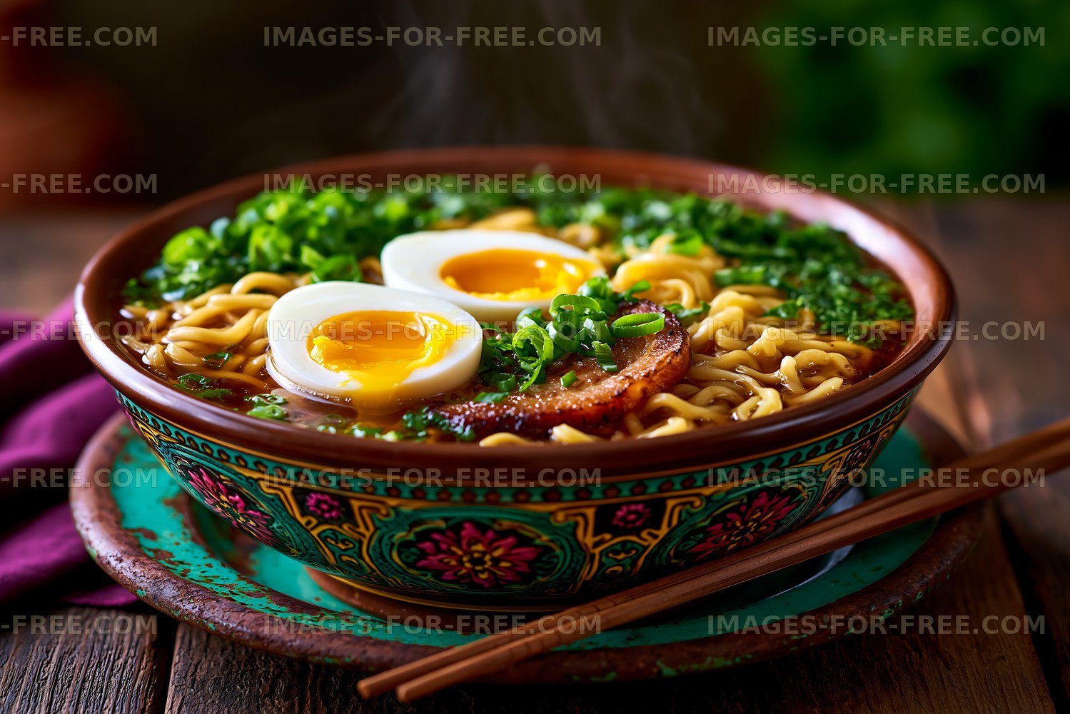 Delicious ramen bowl with soft boiled eggs and green herbs