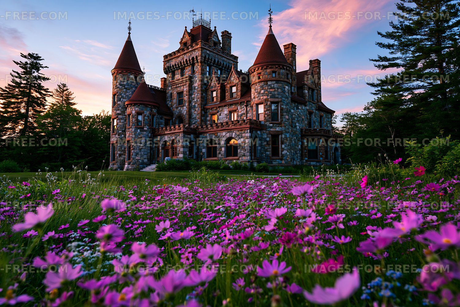 Historic stone mansion surrounded by flowers at sunset