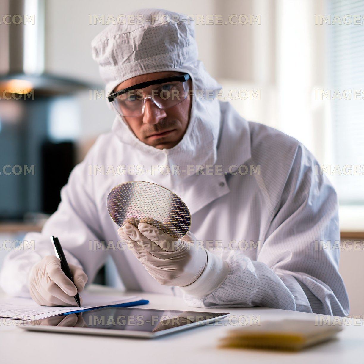 Scientist examining silicon wafer in cleanroom environment