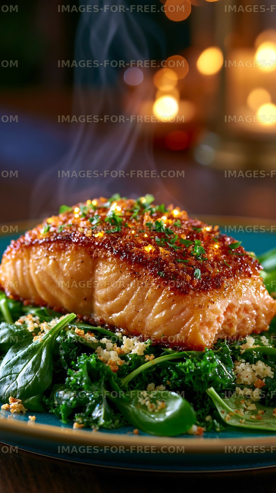 Grilled salmon on a bed of greens with a warm glow