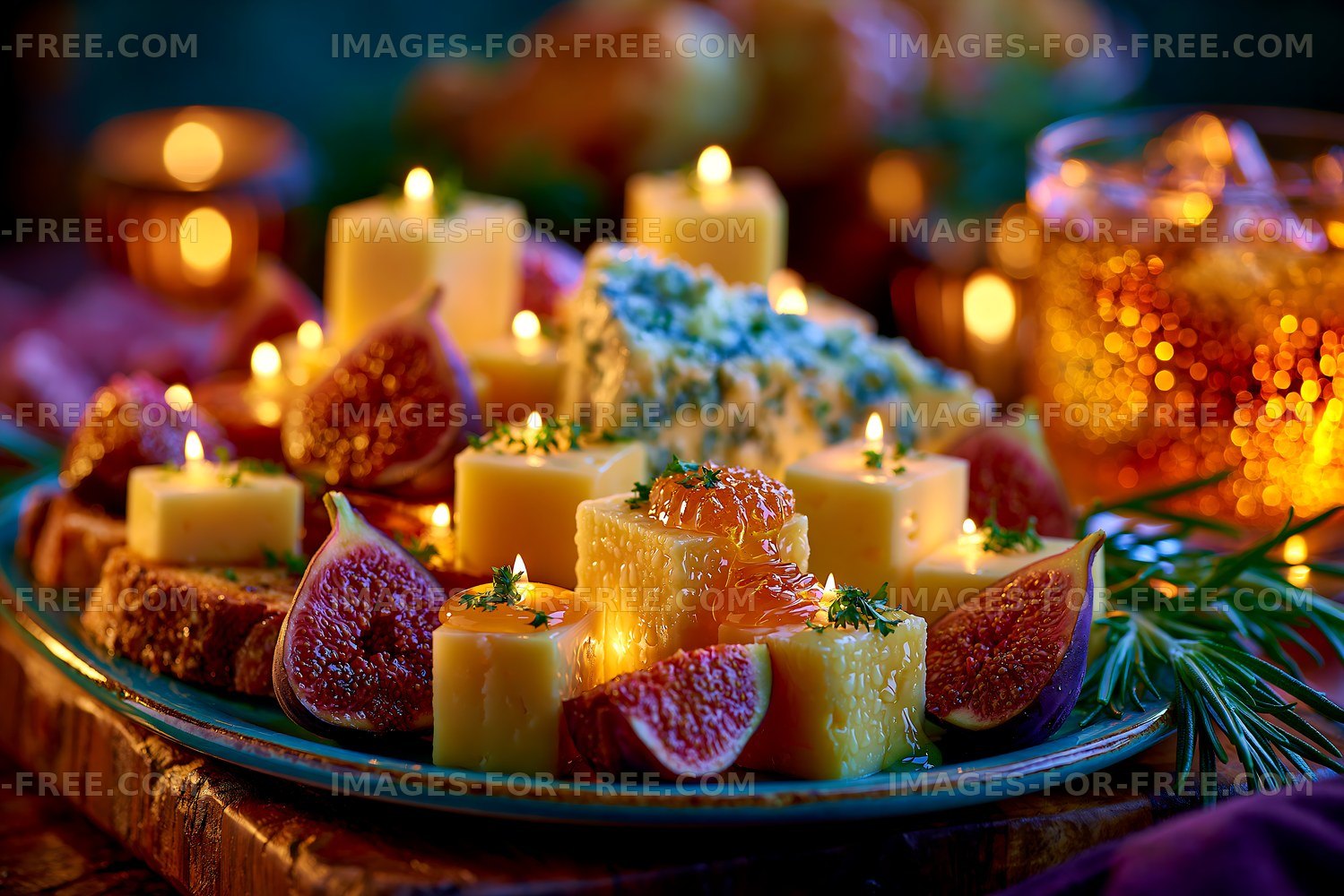 Cheese platter with candles and figs on a wooden table