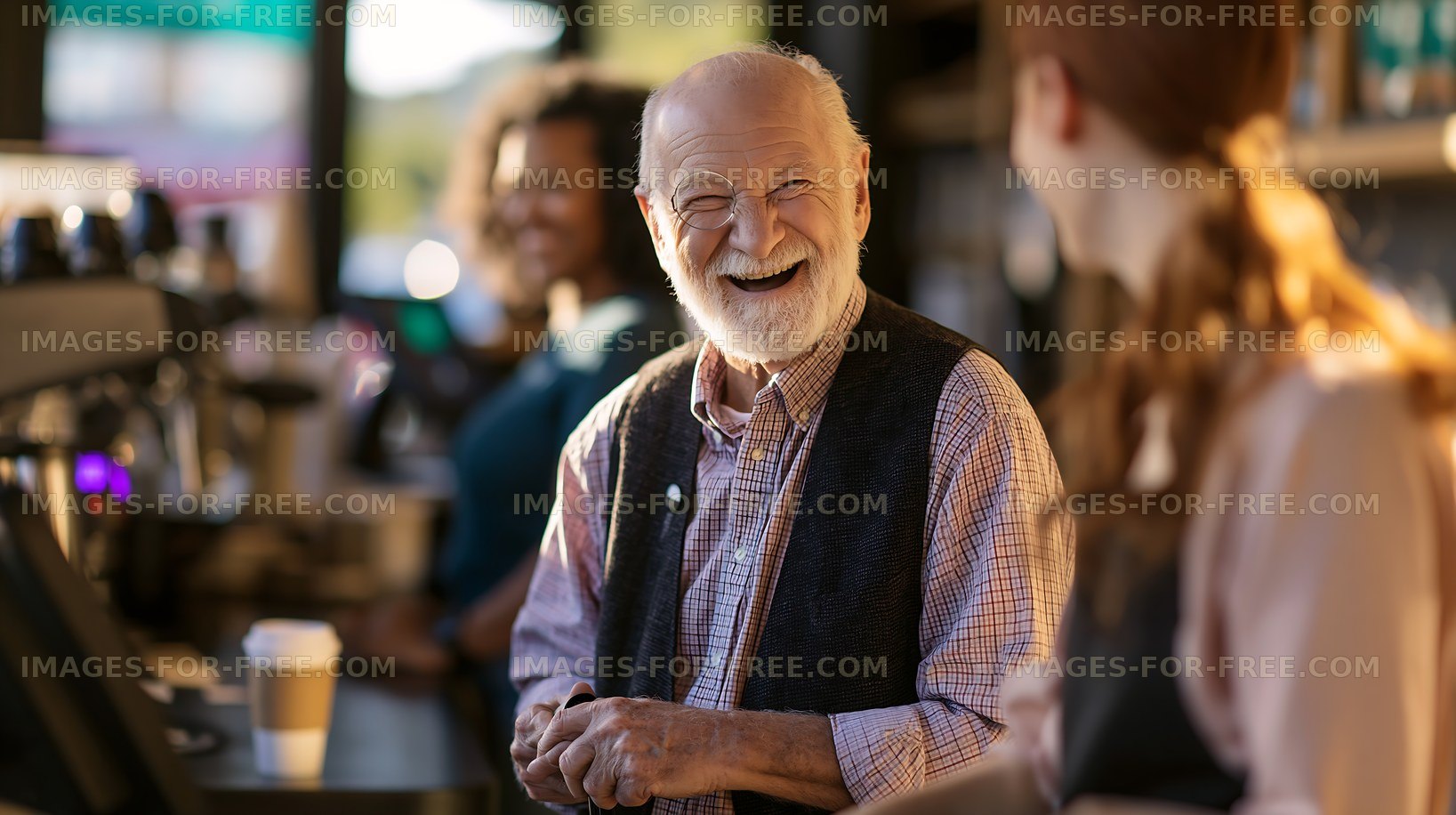 Senior man smiling while talking to a barista in a cafe