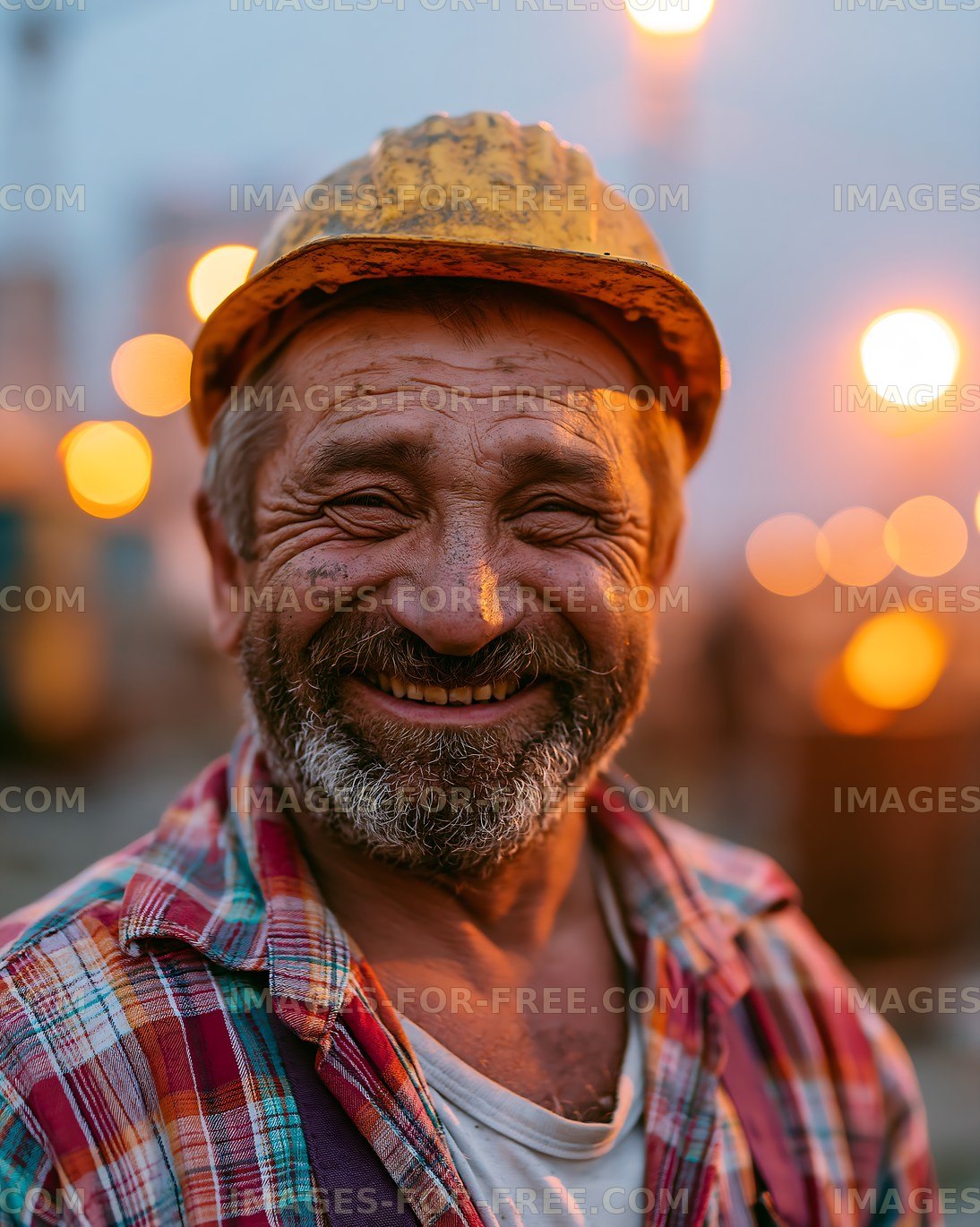 Smiling worker in hard hat on construction site during dusk