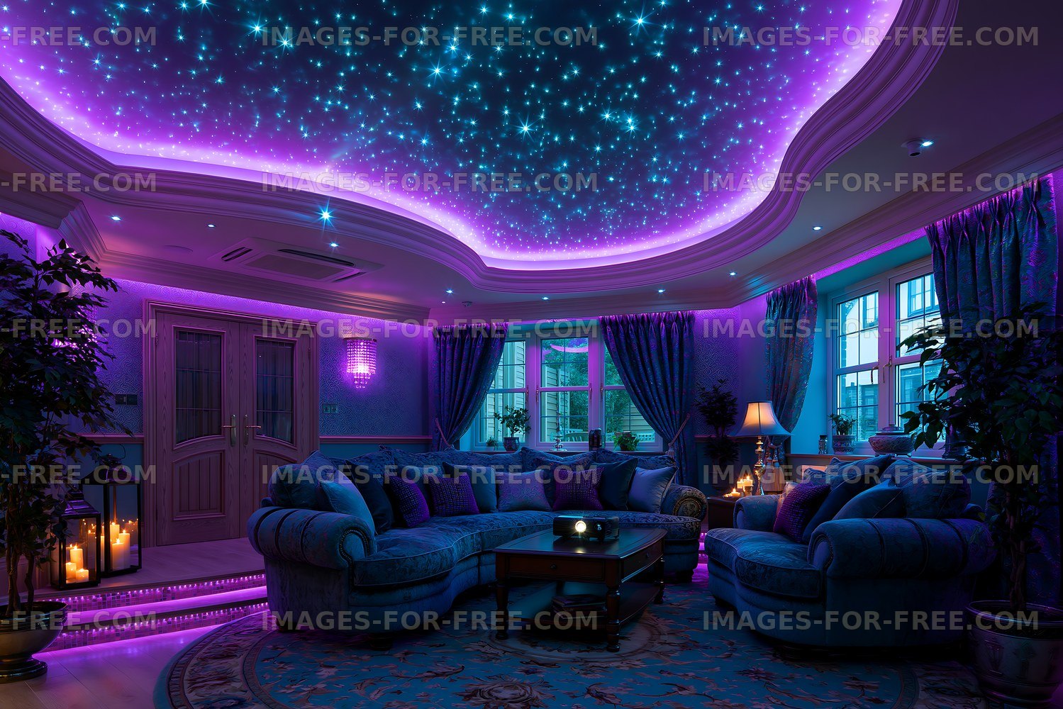 Cozy living room with starry ceiling and purple lighting