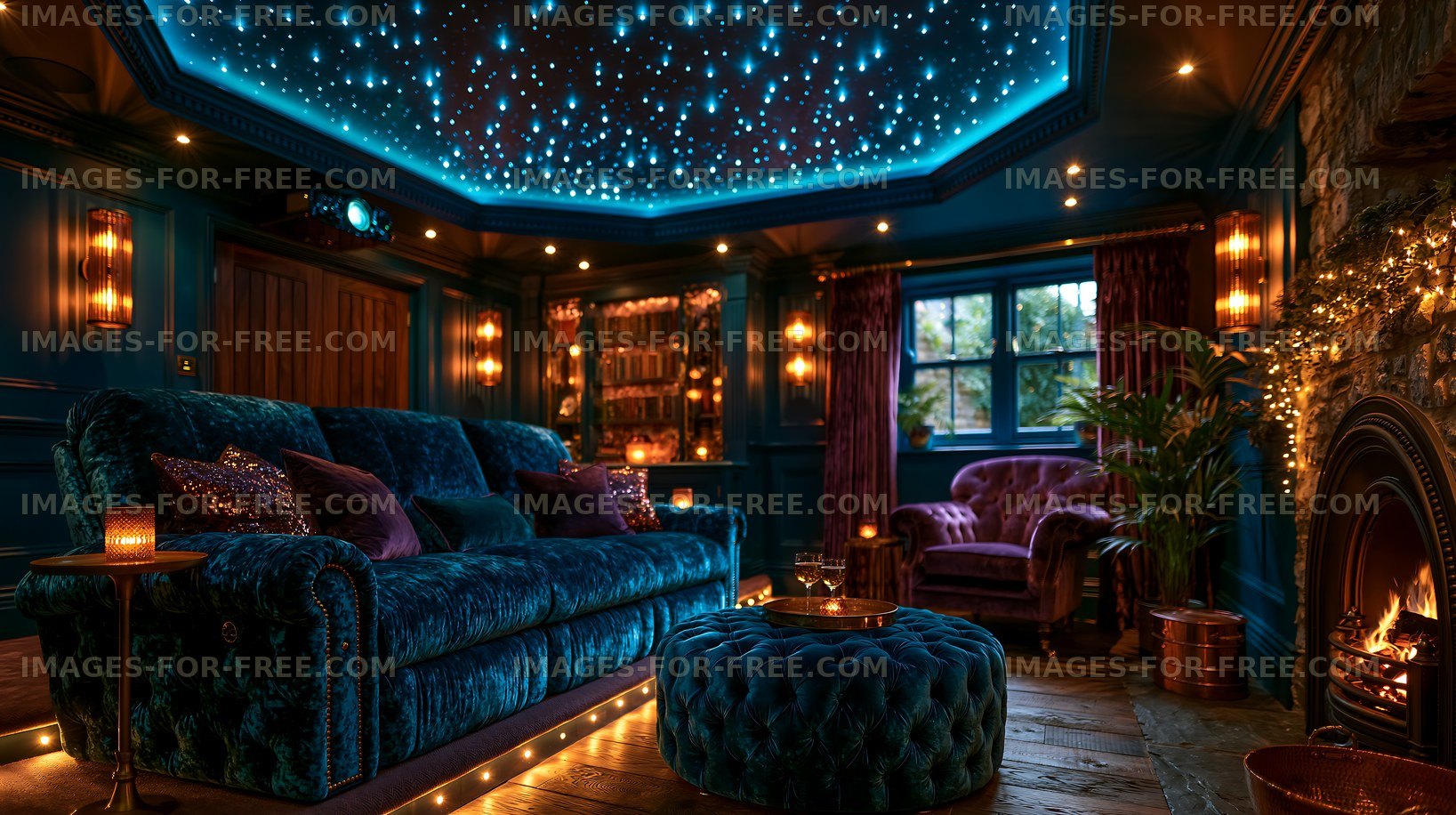 Cozy living room with starry ceiling and warm lighting
