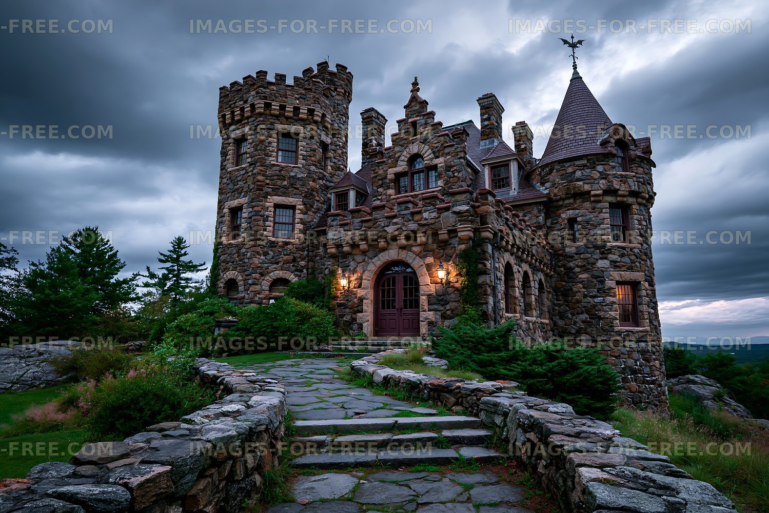 Stone castle with turrets under a cloudy sky in the evening