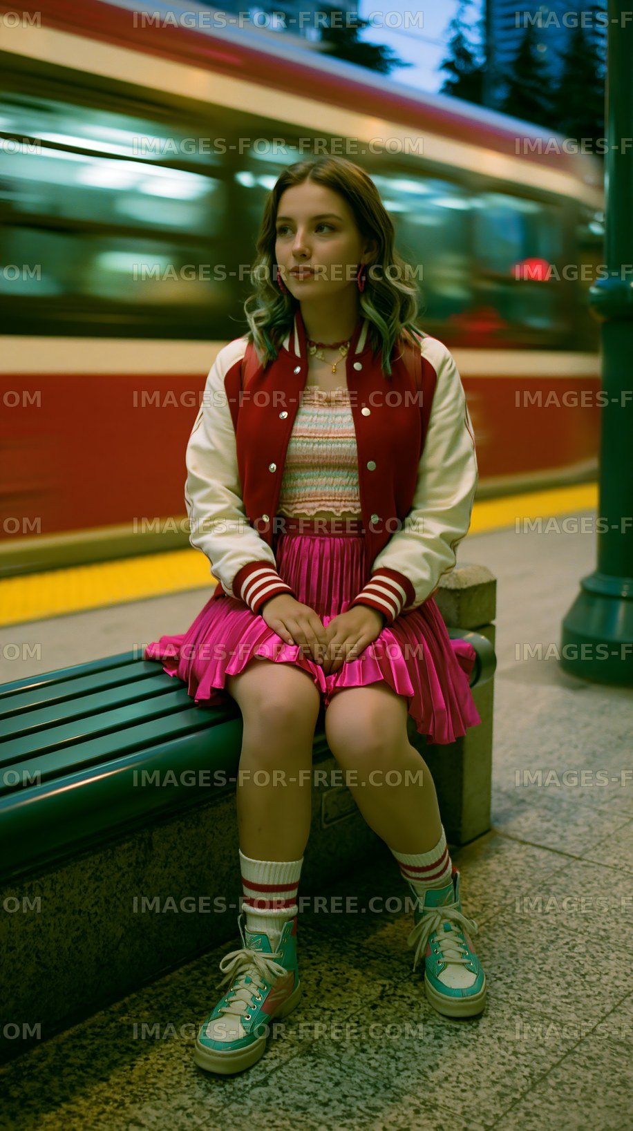 Young girl sitting on a bench at a train station in a city