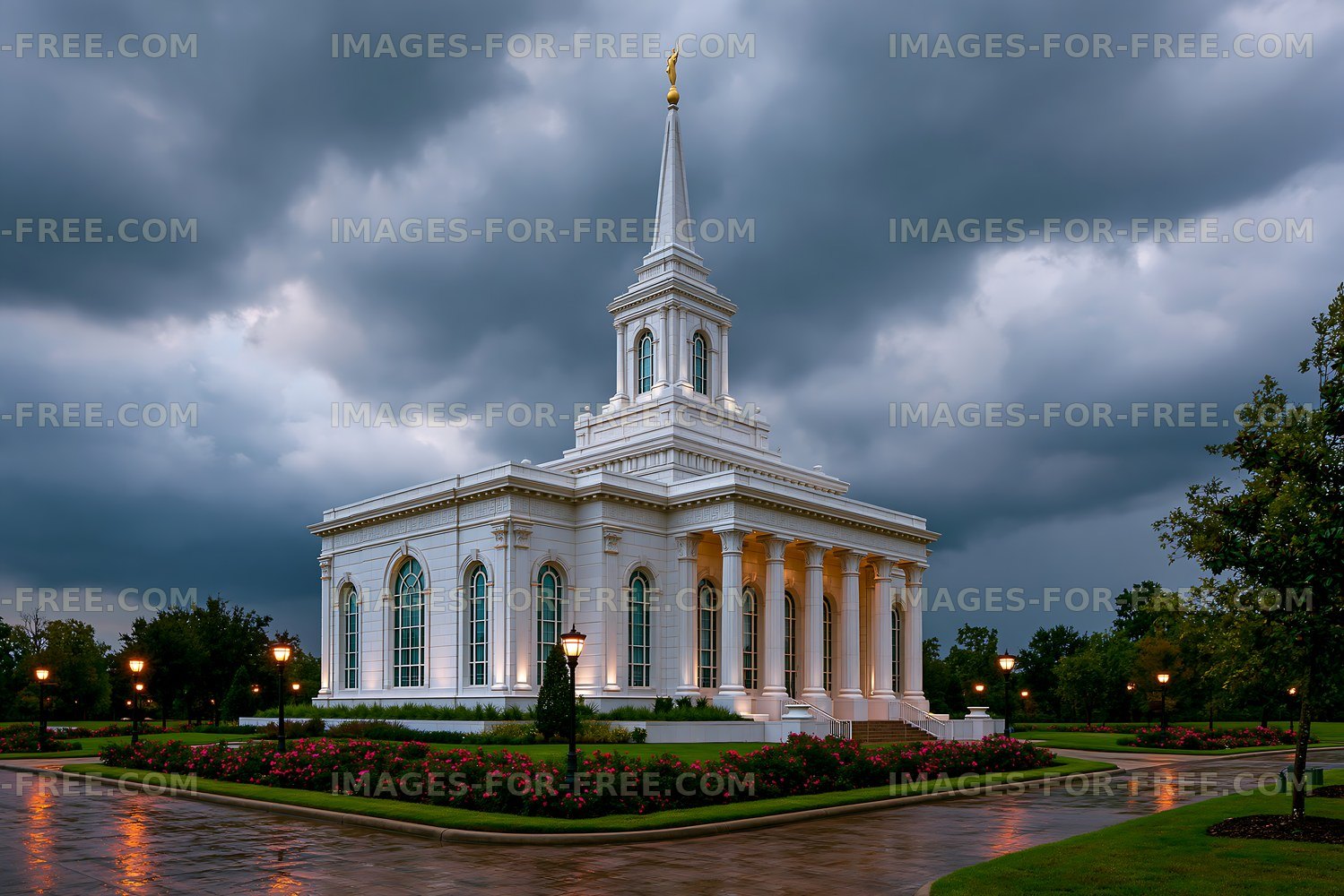 Storm clouds above a white church building with tall spire