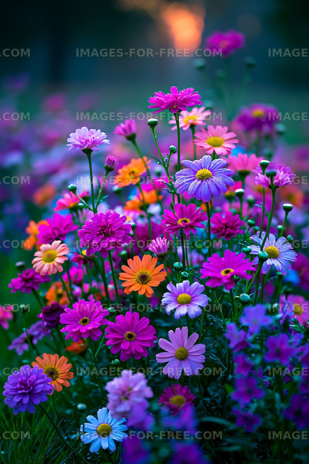 Colorful flower field during sunset in a garden