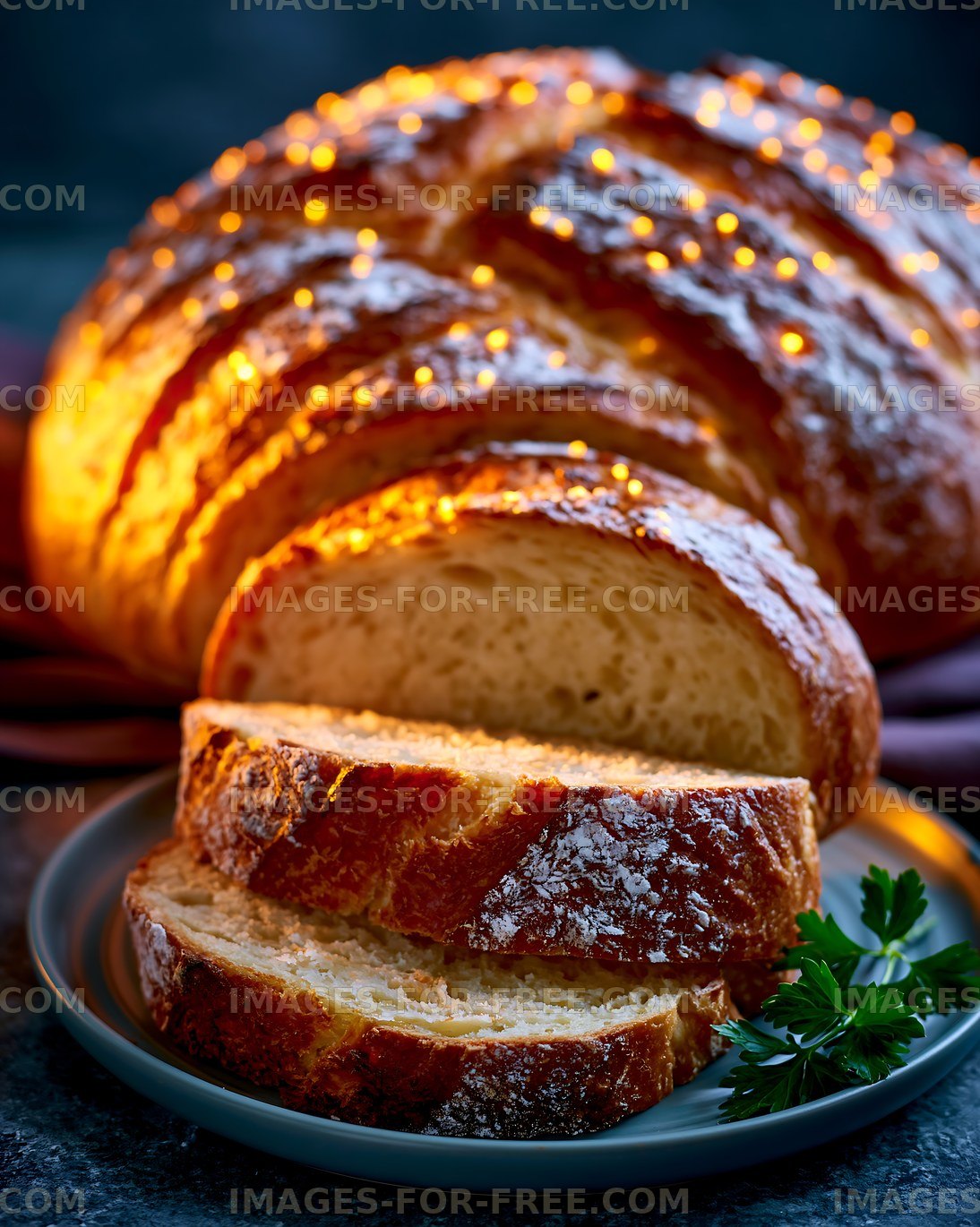 Freshly baked bread with golden crust on a plate