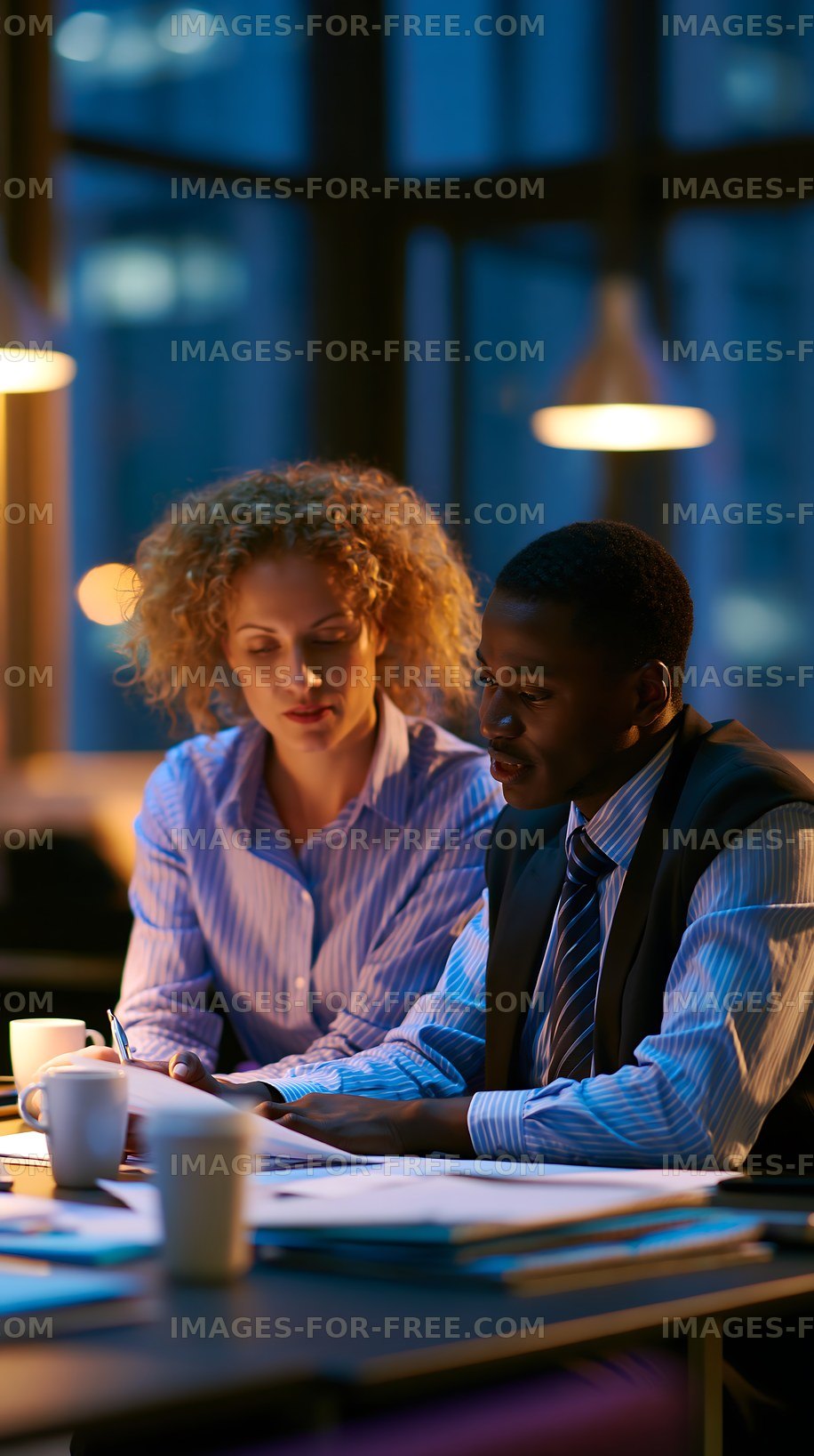 Business colleagues working late at night in modern office