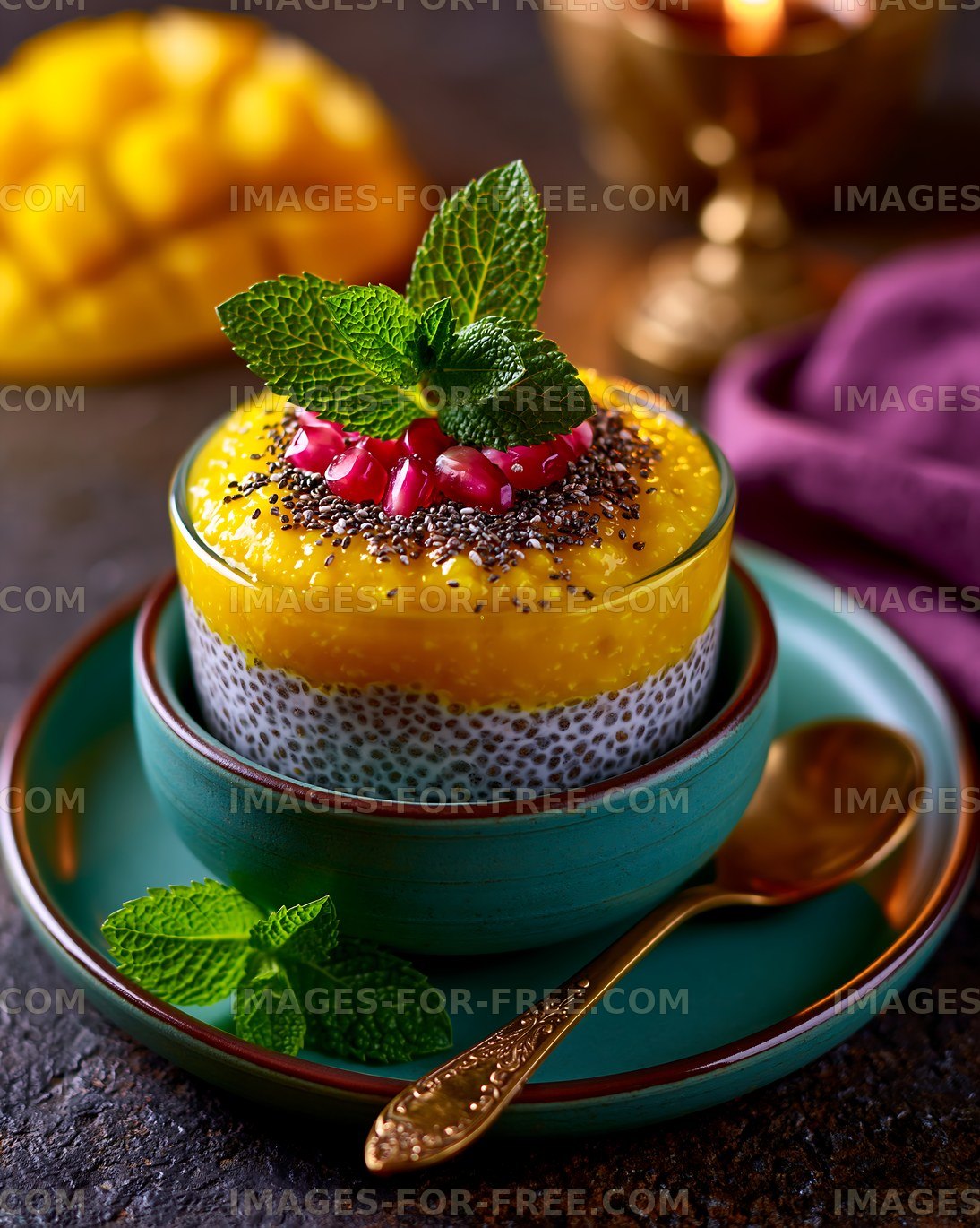 Dessert served in a bowl with chia seeds and mango
