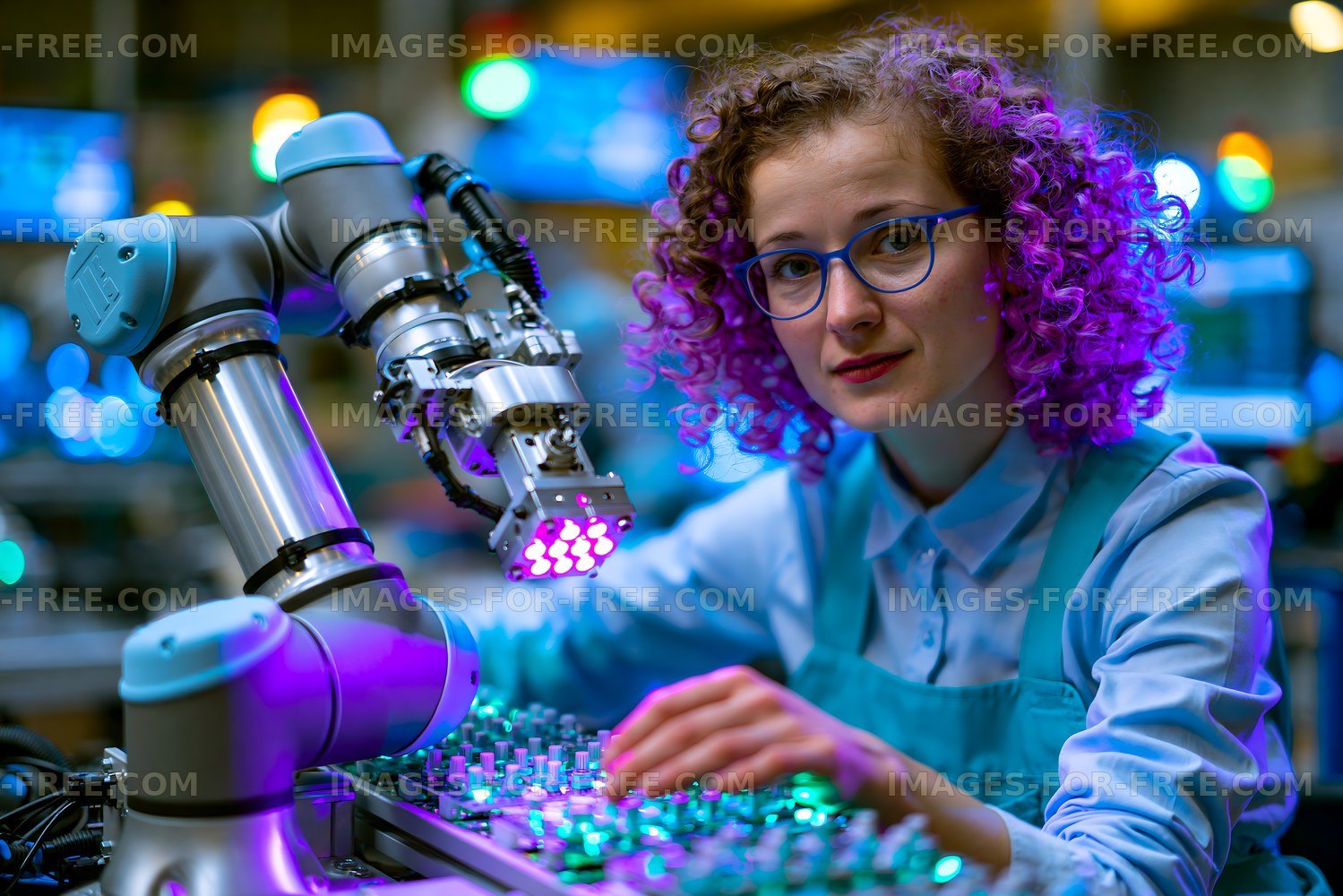 Young woman works with robotic arm in modern workshop