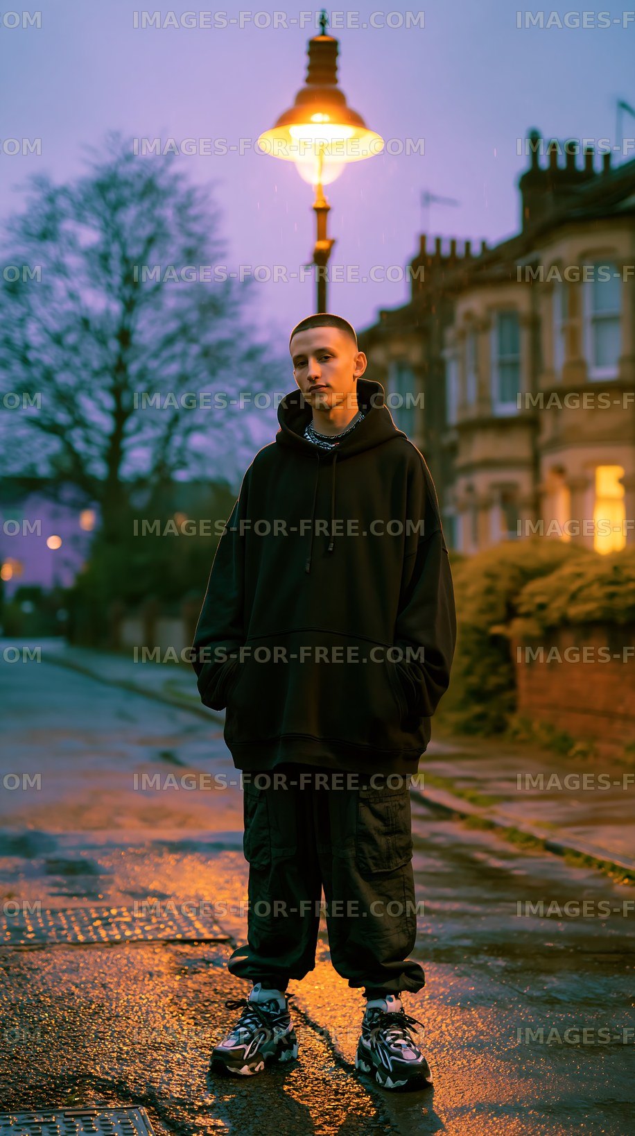 Young person standing under street lamp on quiet urban street