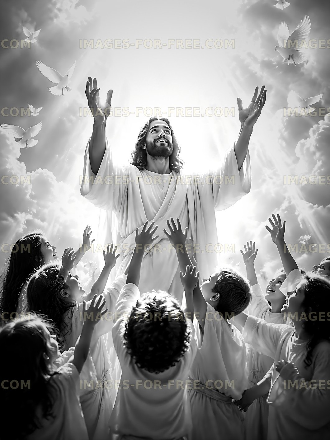 Christ with children in bright heavenly scene
