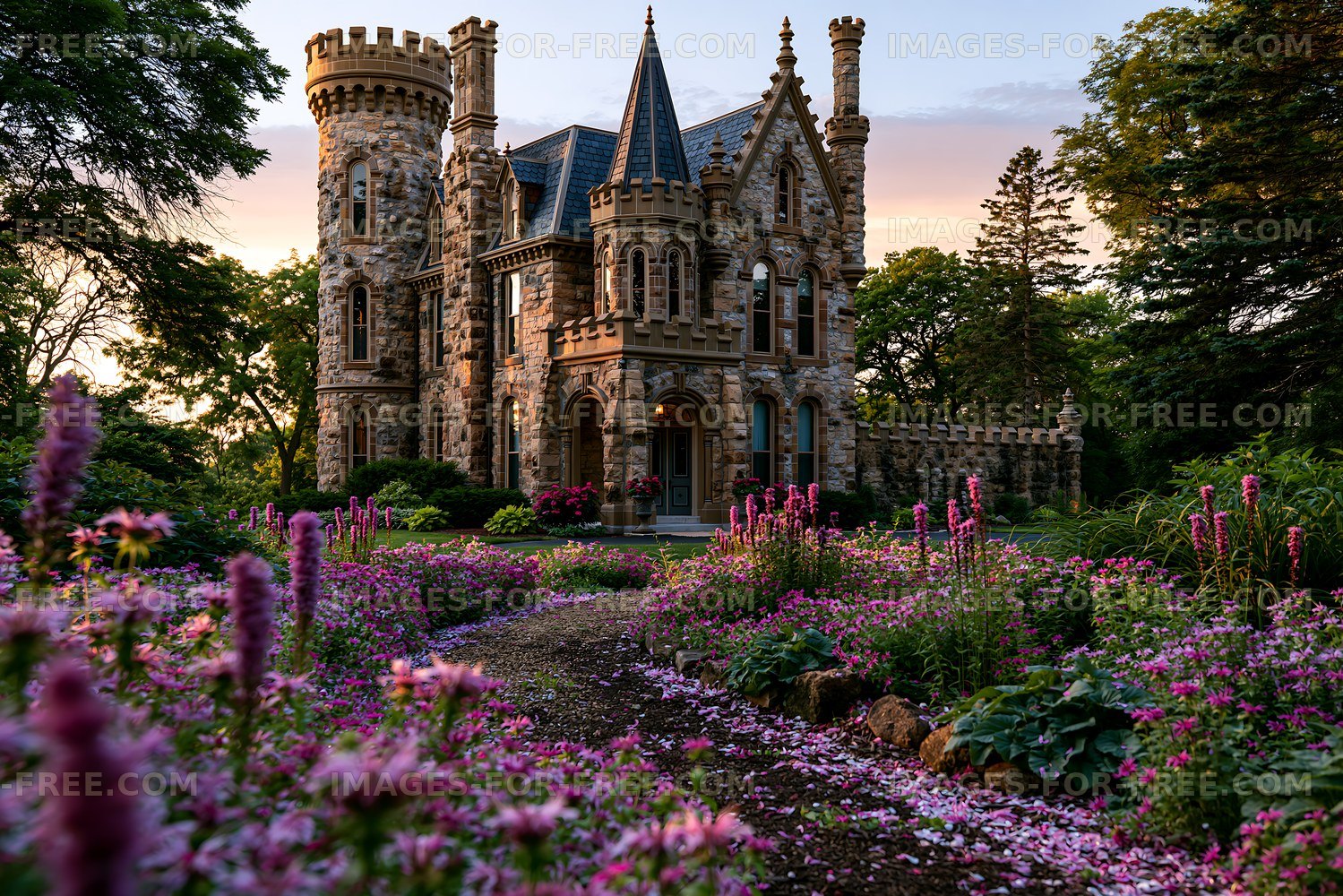 Stone castle surrounded by flowers in a garden at sunset