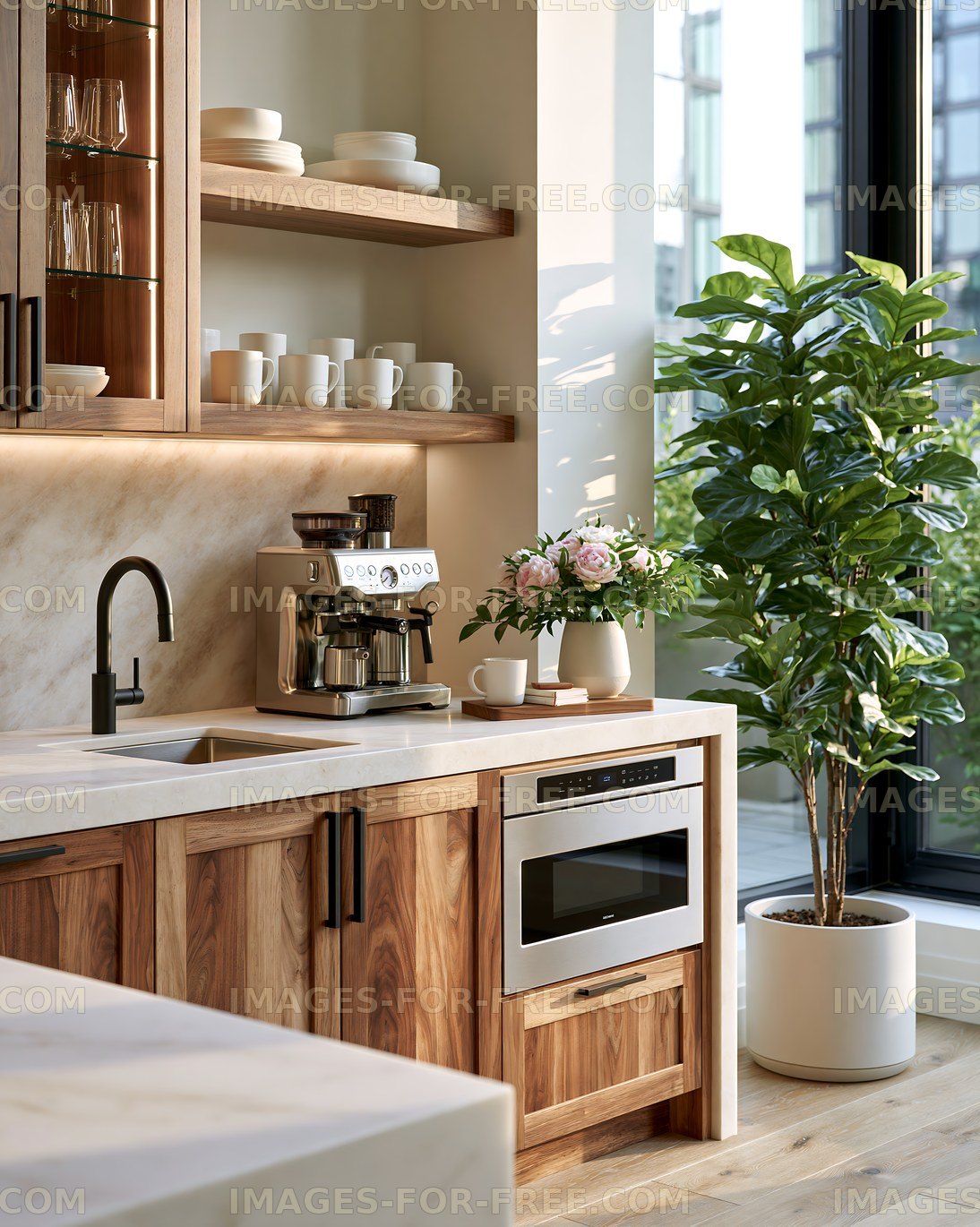 Modern kitchen with coffee maker and plants in bright room
