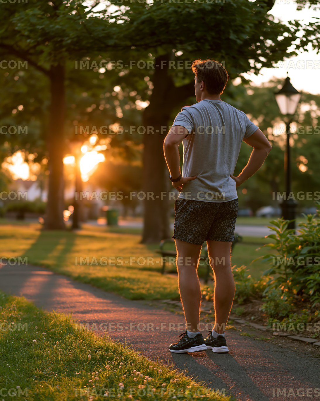Runner watching sunset in park during evening