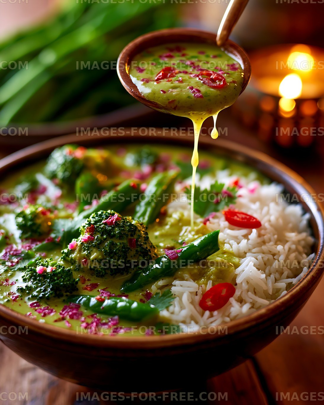 Green vegetable curry served over white rice in a bowl