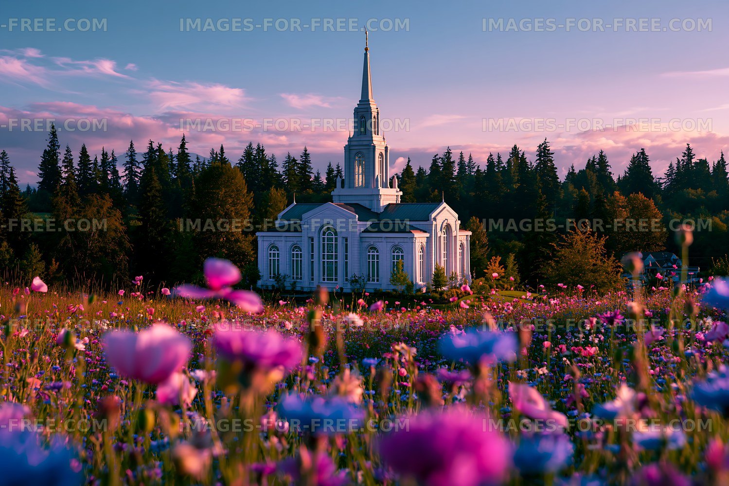 Church surrounded by flowers near forest during sunset