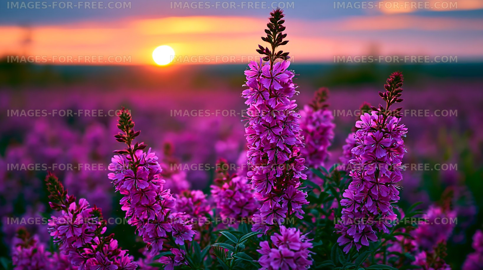 Purple flowers bloom at sunset in a scenic open field