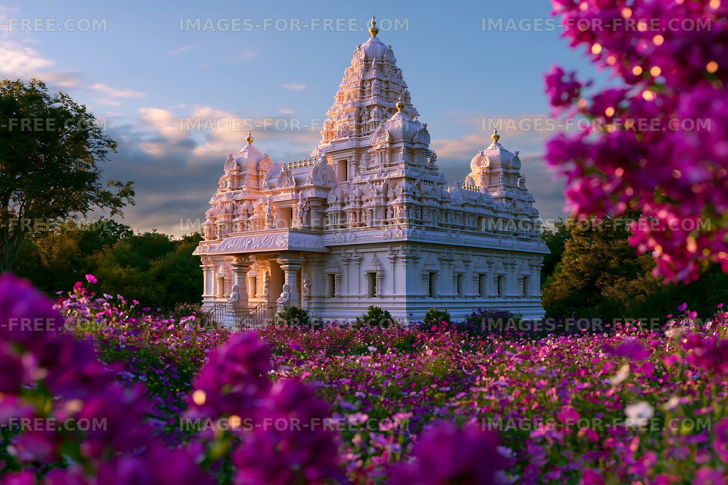 Beautiful temple surrounded by vibrant flowers at sunset
