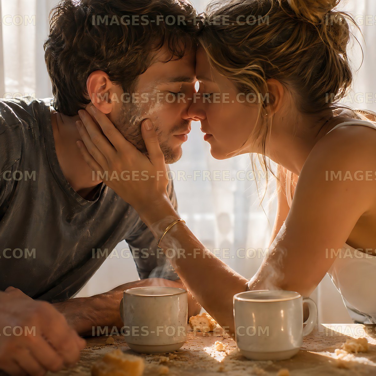 Couple sharing a moment over coffee in a cozy kitchen