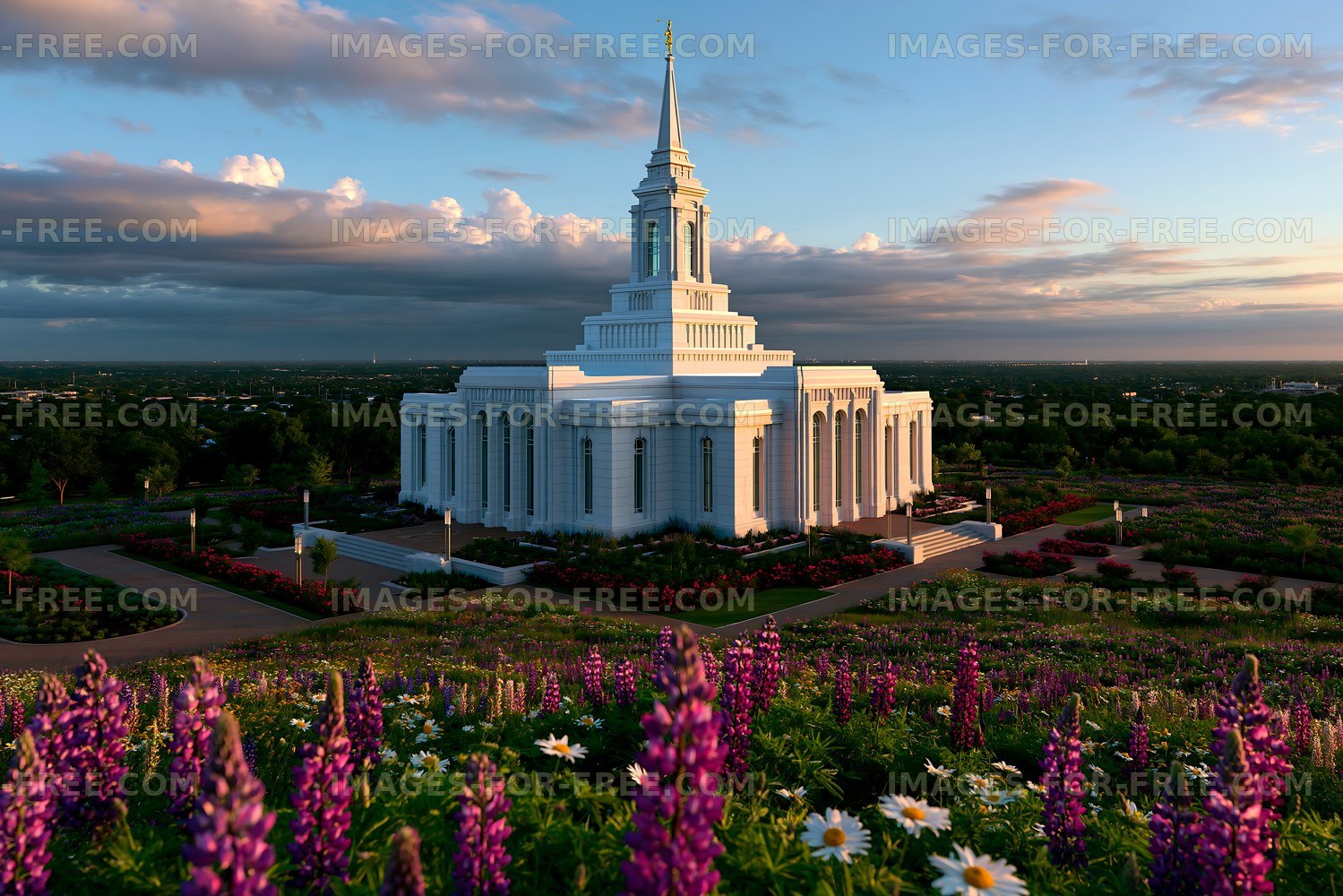 Flowers in bloom near a temple at sunset