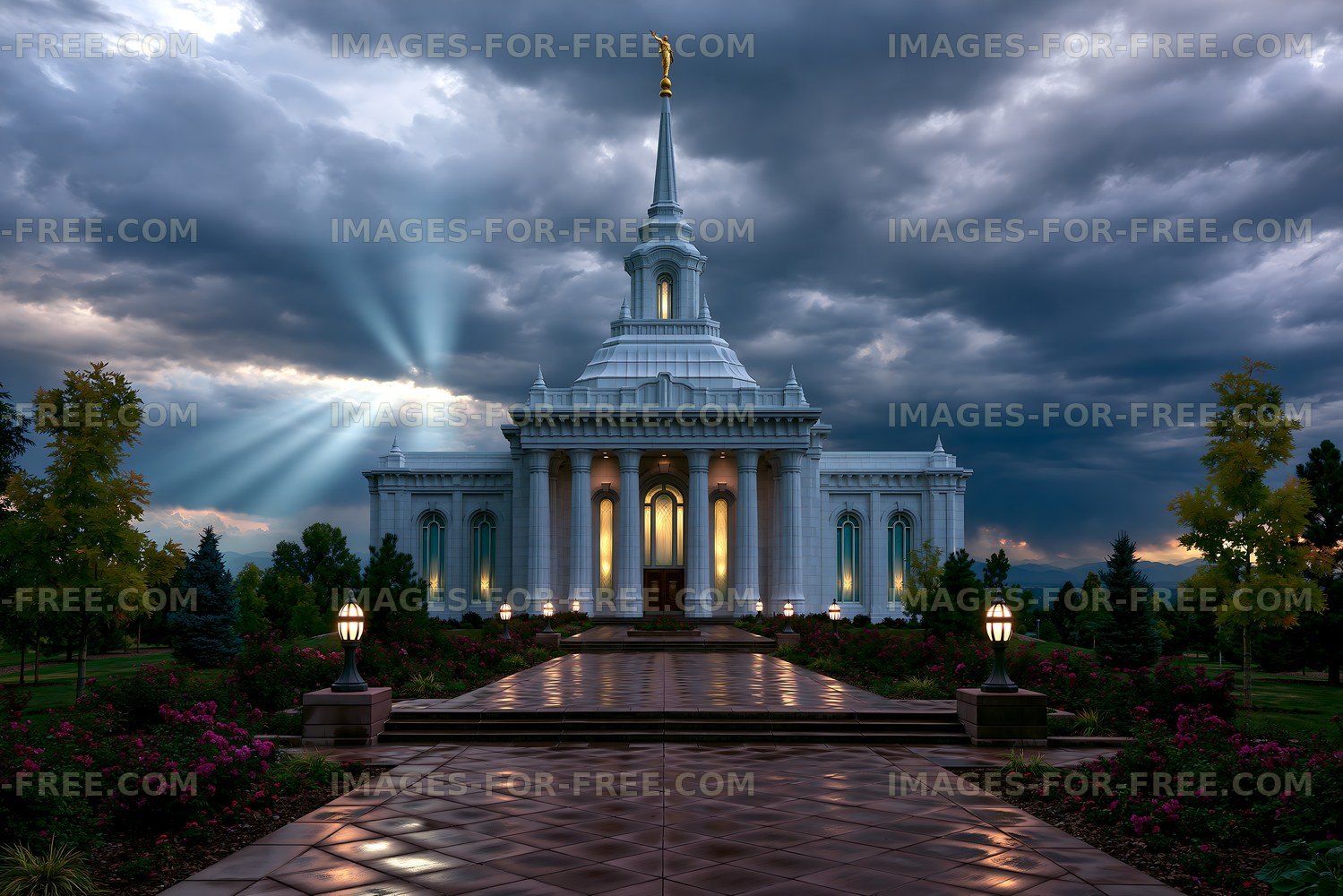 Stately building with beams of light shining through clouds