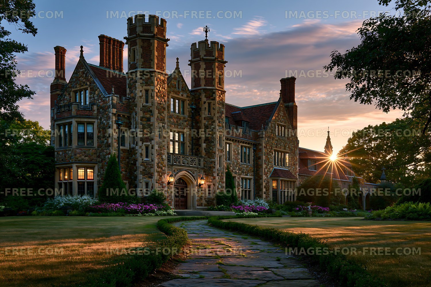 Historical stone mansion at sunset with clear sky