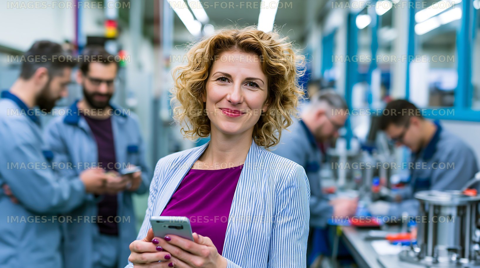 Woman holding smartphone in a factory with workers in the background