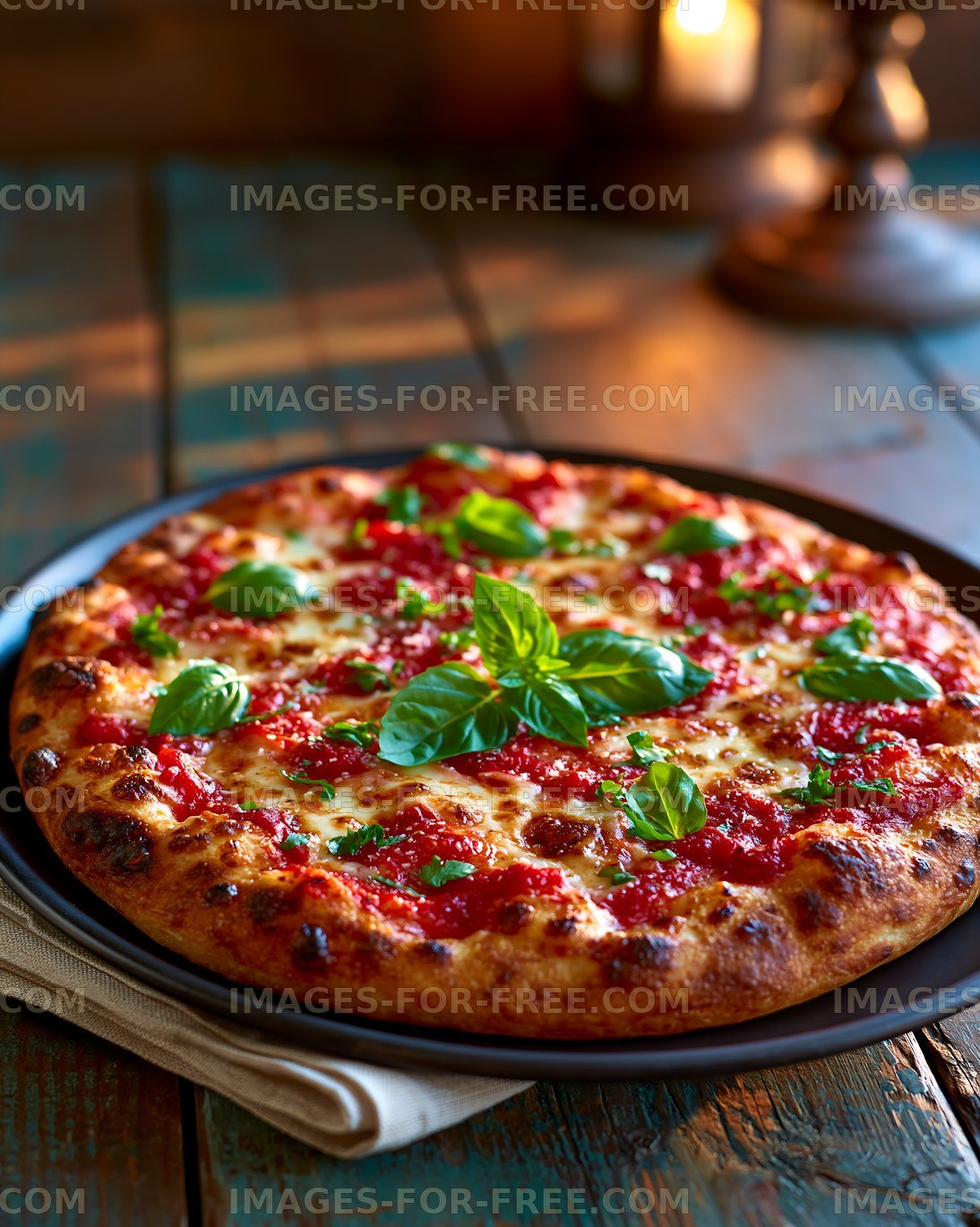 Freshly baked pizza on a wooden table with basil leaves