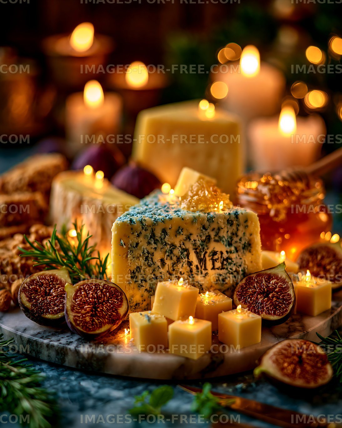 Cheese platter with figs and honey in a warm candlelight setting
