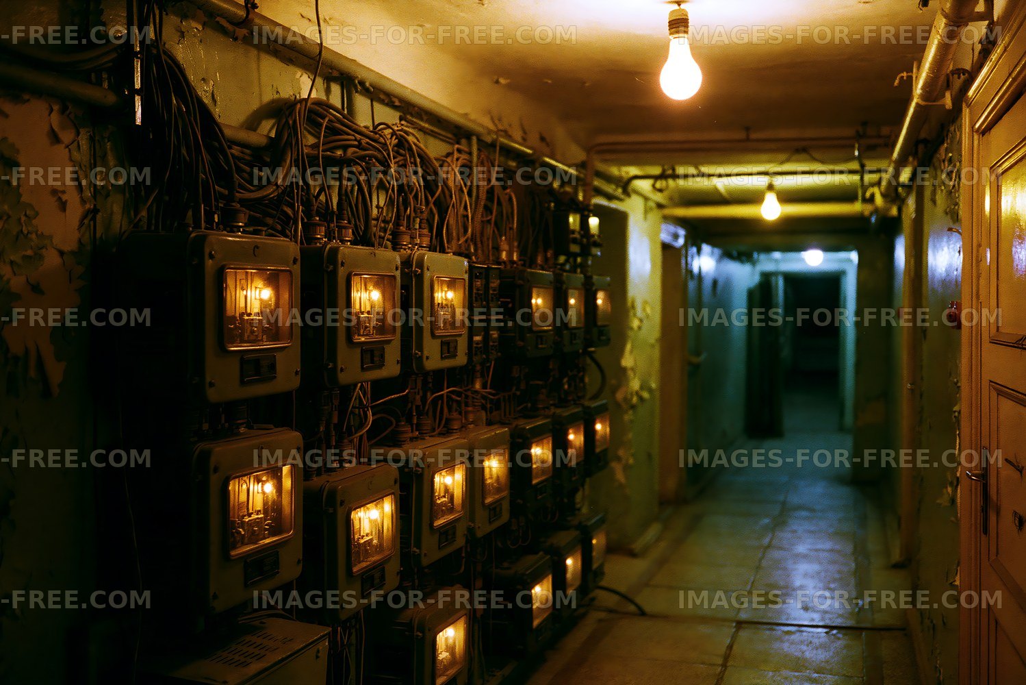 Lights illuminate a corridor lined with electrical meters