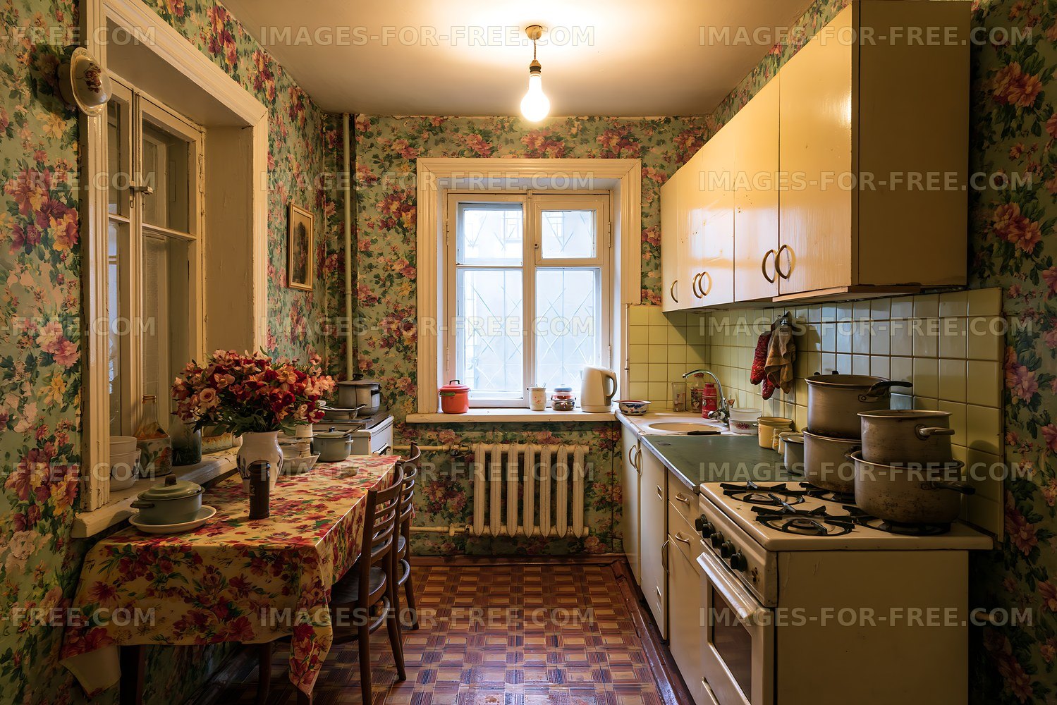 Cozy kitchen with floral wallpaper and cooking equipment