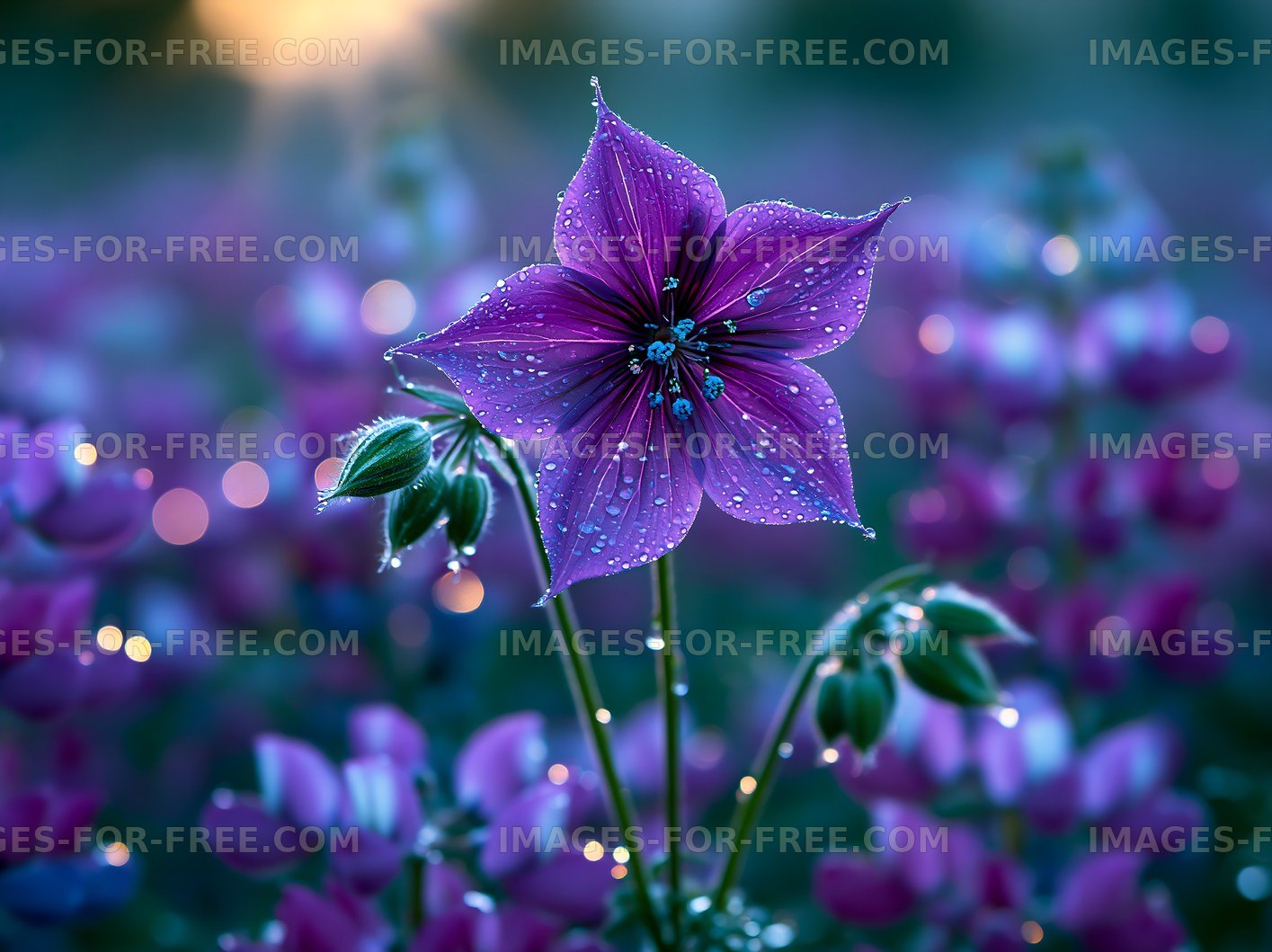 Purple flower with dew in a field during sunrise