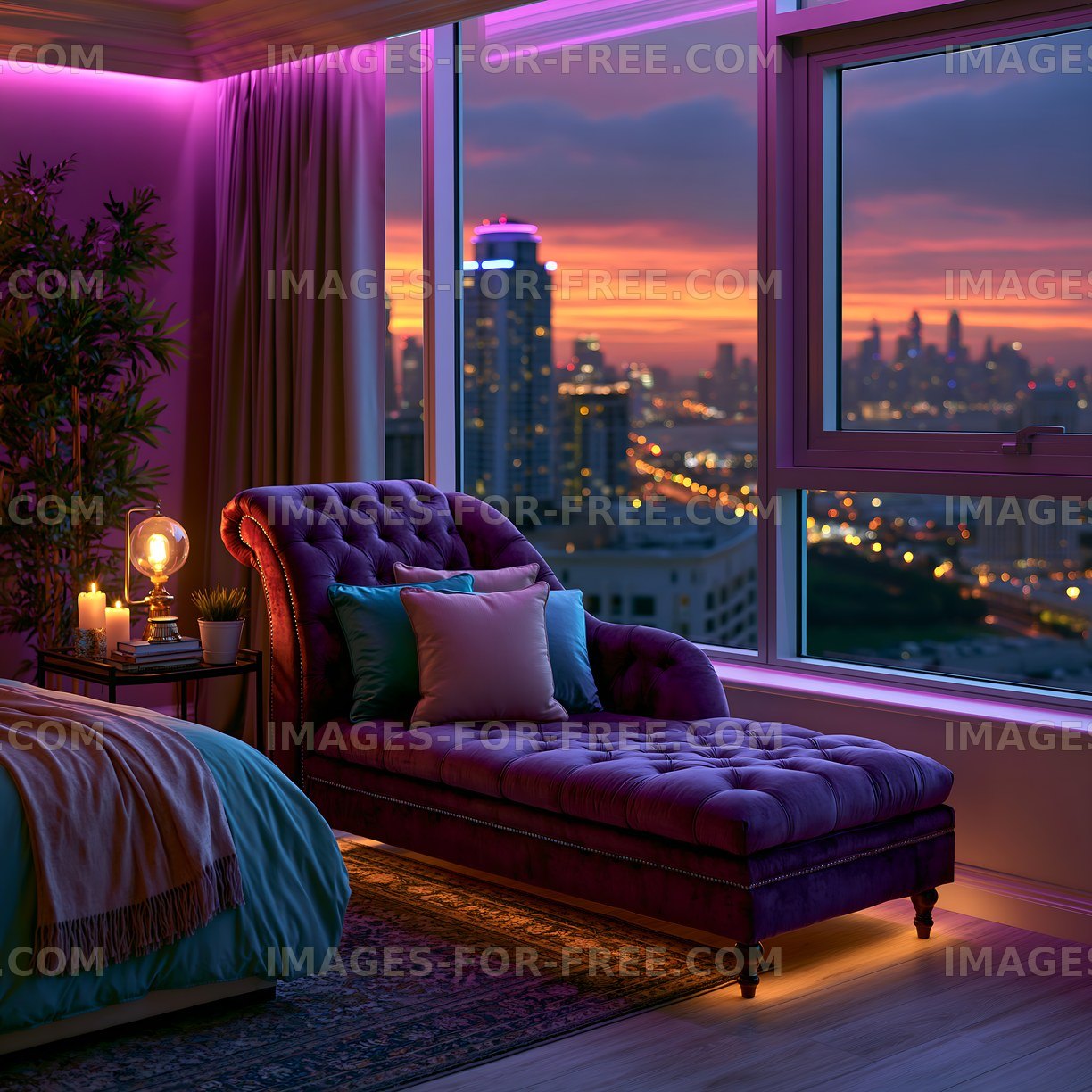 Sunset view from a modern bedroom with purple decor and city skyline