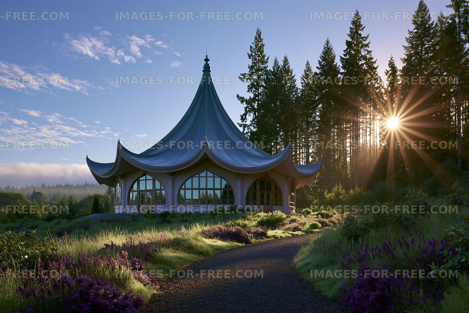 Building in the forest with sunlight shining through trees