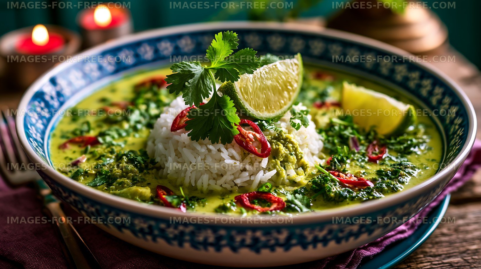 Green curry with rice, lime, and herbs in a bowl